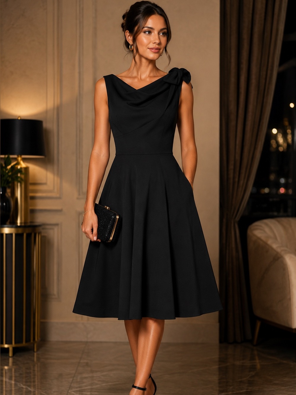 Black Midi Dress NWT Size 2 Black Fit & Flare Draped Neck DKNY